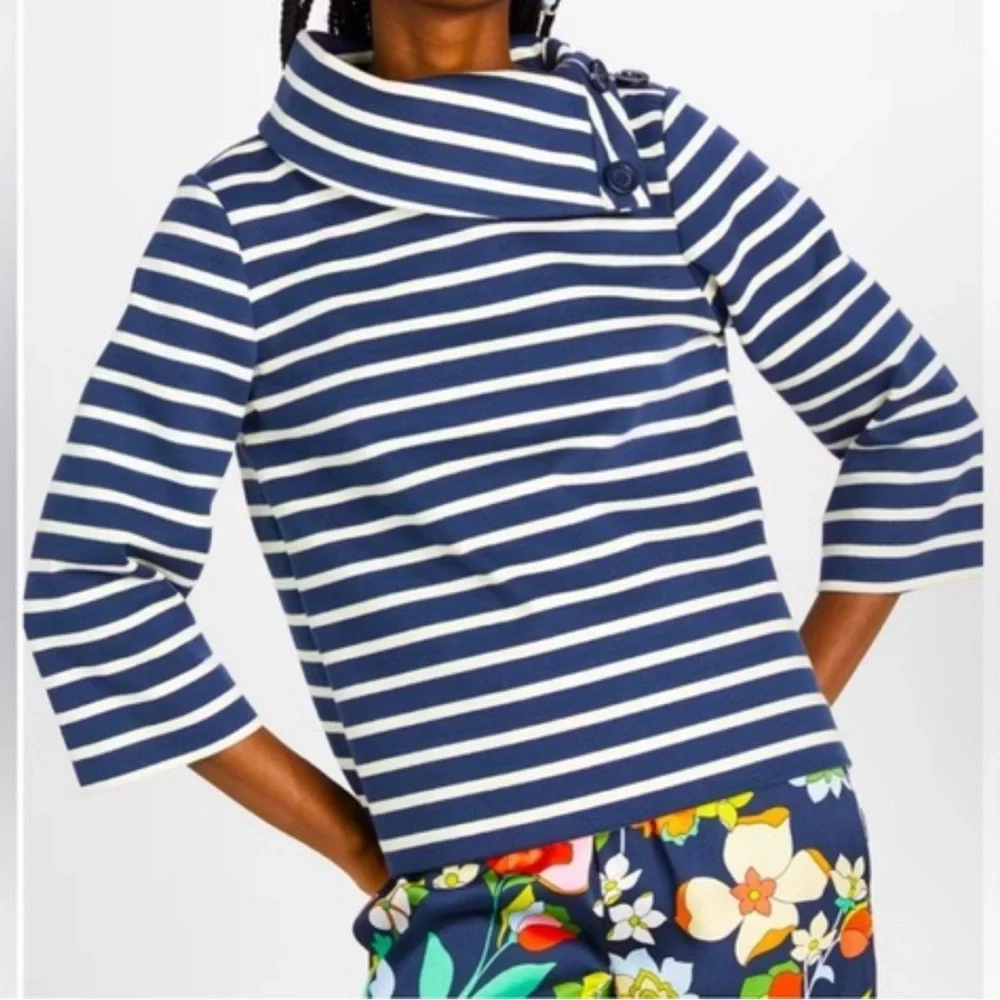 Kate Spade Stripe pointe tunic turtleneck knit top size medium Navy stripes